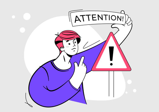 Attention please symbol with male character. Vector illustration of young man pointing finger up to warning symbol to pay attention