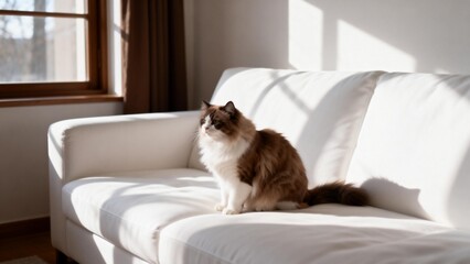 Cat sitting on white sofa in sunlight