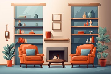 Naklejka premium Living room interior designed for comfort and relaxation with a fireplace and two armchairs