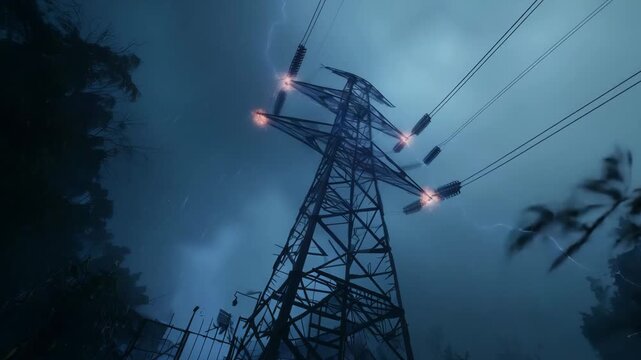 An electric storm displays bright lightning striking power lines in a rural setting during the evening