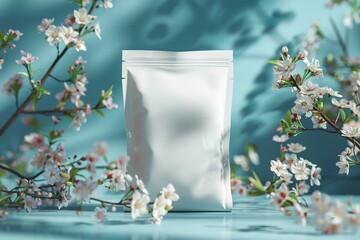 mockup white package stands in focus surrounded by small flowers on blue surface. Soft light highlights scene, showing nature's beauty and attention to detail around product