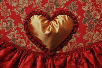 celebrate mothers valentines day wedding, heart as golden satin pillow with ruffles on an red ancient fabric background, love, passion, romance, romantic, photorealistic