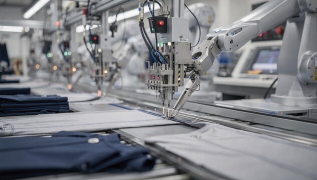 Closeup of smart factory sewing robots expertly handling side seams on garments highlighting the integration of robotics in apparel production lines.