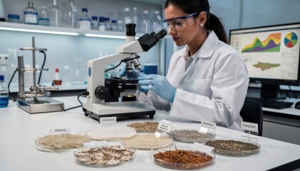 Medium shot of researcher evaluating mixedfiber biodegradable filters under microscopes for rapid degradation and environmental impact.