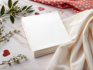 Blank square paper cards mockup on pink marble background. Romantic scene with silk fabric, hearts, flowers and polka dot cloth for wedding or Valentine's Day.
