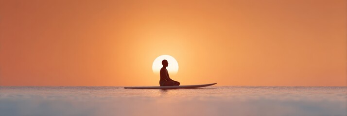 Silhouette of a surfer meditating in lotus position on a surfboard at sunset, creating a peaceful and serene atmosphere with the sun aligning perfectly behind them