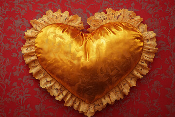 celebrate mothers valentines day wedding, heart as gold satin pillow with ruffles on a red fabric background, love, passion, romance, romantic, photorealistic