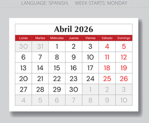 April 2026 Spanish calendar (Abril). Paper page monthly vector illustration Spain