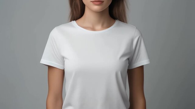 Young woman models a clean, comfortable, and versatile plain white t-shirt, an essential wardrobe staple perfect for everyday fashion and custom apparel projects
