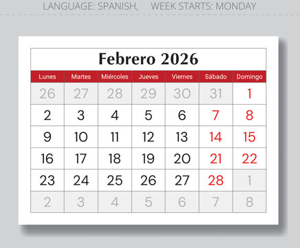 February 2026 Spanish calendar (Febrero). Paper page monthly vector illustration Spain