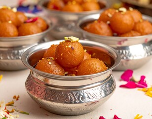 Close-up shot of bowls filled with small, round, brown sweets, garnished with nuts and surrounded by flower petals