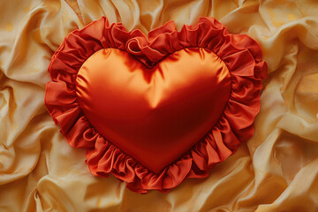 celebrate mothers valentines day wedding, heart as red satin pillow with ruffles on a golden fabric, love, passion, romance, romantic, photorealistic