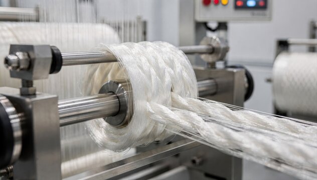 Closeup medium shot of biopolyester fibers being processed into strong ropes on an automated production line highlighting renewable material efficiency.