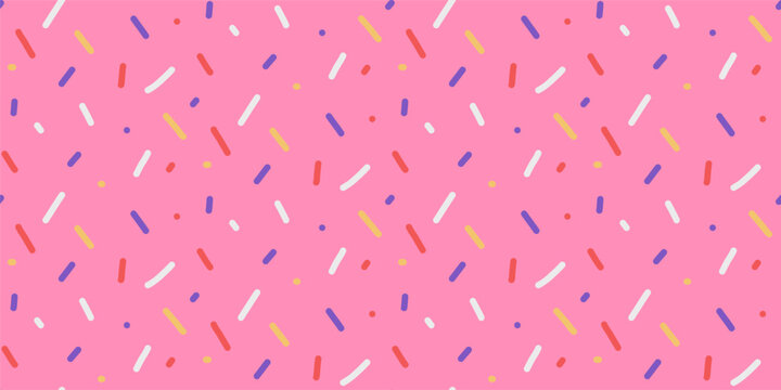 Sprinkles seamless pattern background. Small dashes design. Donut, candy, cake strawberry topping for a birthday background. Vector playful pink confetti design for party themes, bakery packaging.