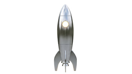 Retro silver rocket ship PNG isolated on transparent background, vintage space exploration vehicle for science fiction and design projects © Hugo