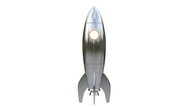 Retro silver rocket ship PNG isolated on transparent background, vintage space exploration vehicle for science fiction and design projects