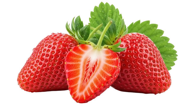 Fresh strawberries isolated PNG on transparent background, ripe red fruits with green leaves and a cut strawberry for healthy eating