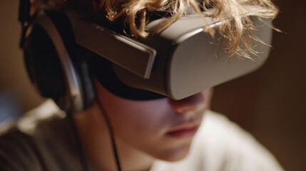 Young student using virtual reality for math exam rehearsal medium shot highlights headset details exam interface subtly out of focus in a calming virtual space.