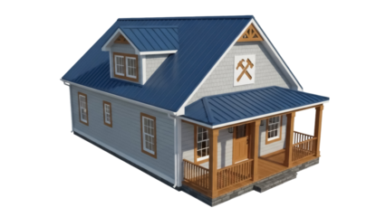 Charming gray cottage house PNG isolated on transparent background, cozy home with blue roof and wooden porch for real estate design