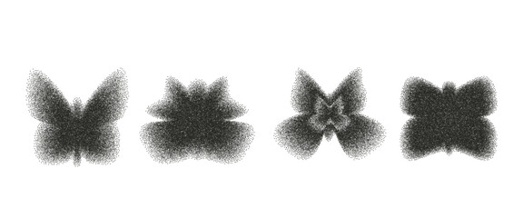 Black y2k grain gradient butterfly icon. Black charcoal dot gradation airbrush flying spray illustration. Vector noir emo aesthetic grainy butterflies figures with sand dust texture isolated no bg.