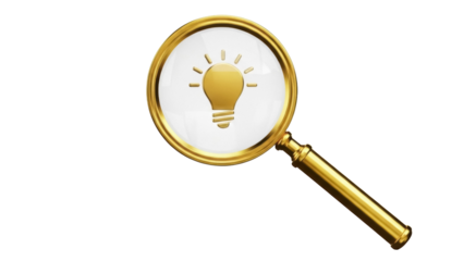 Golden magnifying glass with light bulb isolated PNG, concept of idea and innovation on transparent background, search for solutions