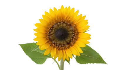 Obraz premium Bright yellow sunflower isolated PNG on transparent background, vibrant summer flower with green leaves for design projects and botanical themes