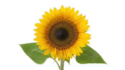 Bright yellow sunflower isolated PNG on transparent background, vibrant summer flower with green leaves for design projects and botanical themes