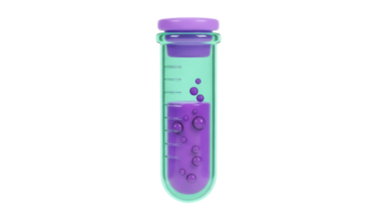 Purple liquid in a green test tube isolated PNG, science experiment with bubbles on transparent background for medical and educational use