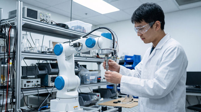 Scientist working with collaborative robotic arm in modern laboratory environment demonstrating artificial intelligence robotics automation research and engineering innovation.