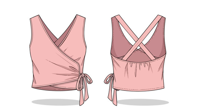 Fashion flat sketch of a contemporary pink wrap crop top showcasing a chic v-neckline and dynamic criss-cross back straps with a delicate side tie