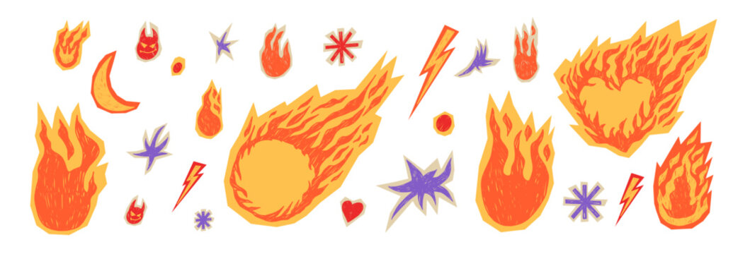 Flame, burning heart, stars doodles in crayon chalk stickers. Hand-drawn fire collage with grunge textures. Retro promo graphics frames. Vector bonfire and hot sale frames, borders isolated no bg.