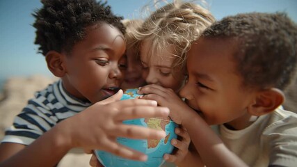 Diverse Children Exploring a Globe Outdoors - Powered by Adobe