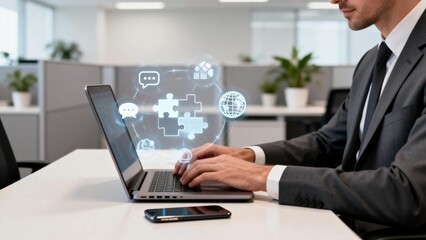 Businessman working on laptop with digital icons