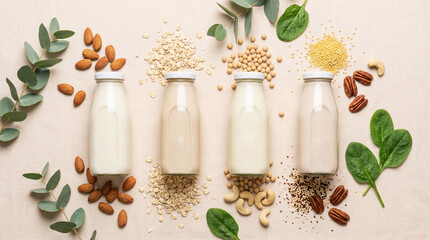 Plant based milk alternatives in glass bottles with almonds oats soy quinoa spinach and nuts arranged on neutral background.