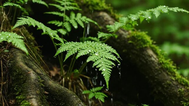 Green fern in a lush green forest with moss and trees