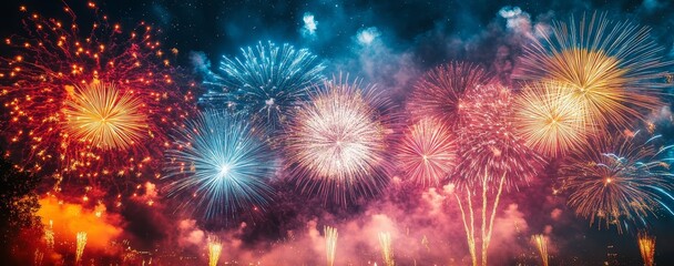 Fototapeta premium Vibrant colorful fireworks exploding in dark night sky, celebrating festive moments with dynamic sparks and glowing trails.