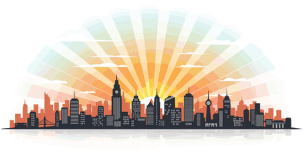 Obraz premium City skyline silhouette with sun rays and clouds, Generative AI.