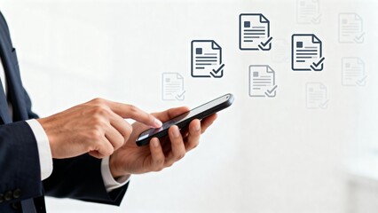 Businessman using smartphone with document icons