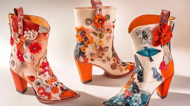 Three unique cowboy boots showcase vibrant floral and nature designs. These fashionable boots feature intricate embellishments and bold colors.