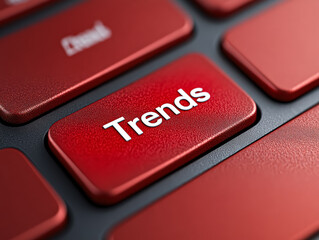 This image showcases a close up view of a red keyboard button with the word 'Trends' prominently displayed, highlighting modern digital themes.