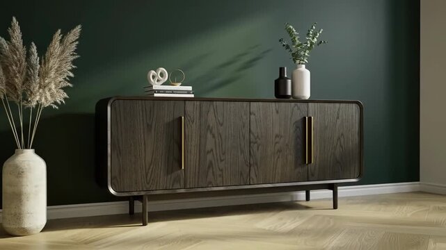 Elegant dark wood sideboard with decorative vases and books against a dark green wall.
