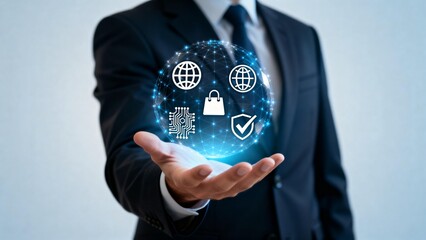 Businessman holding digital globe with icons