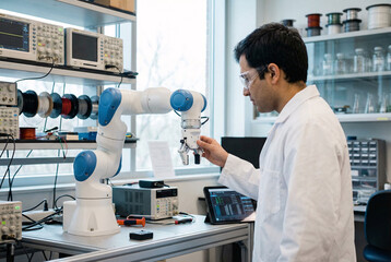 Scientist working with collaborative robotic arm in modern laboratory environment demonstrating artificial intelligence robotics automation research and engineering innovation.