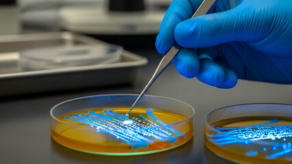 Scientist performs lab work with cultures using tweezers and blue light