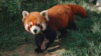 A red panda walks on the grass in the zoo