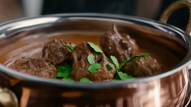 Hot meat stew simmers in a traditional copper pot. Fresh green herbs garnish the rich, savory dish.
