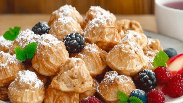 Delicious cream puffs are beautifully arranged with fresh berries and powdered sugar. This sweet dessert offers a delightful treat for any occasion.