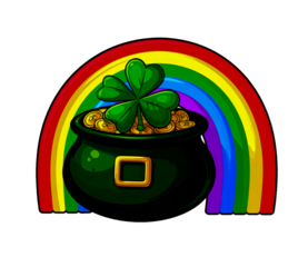 Vibrant rainbow and pot of gold with shamrock for St. Patrick's Day on white Transparent background