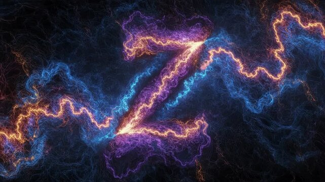 A vibrant letter Z glows with electric energy and dynamic light. Abstract neon lines pulse and flow across a dark background.