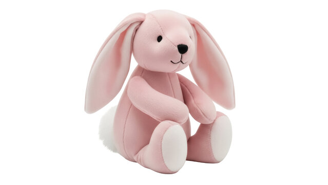 Adorable pink bunny plush toy isolated PNG, soft stuffed animal for kids and babies on transparent background, cute cuddly rabbit